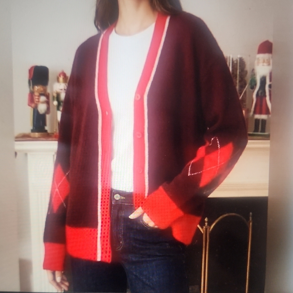CeCe Deep Burgundy And Bright Red Women's Cardigan Sweater Size M
